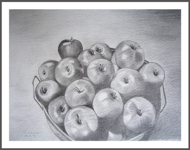 Obstschale voller Äpfel   (Bleistiftzeichnung)   (Bild 85)