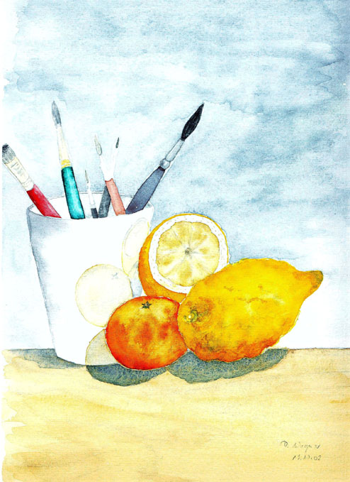Stilleben - Pinselbecher mit Zitrone  (auf meinem Schreibtisch!)   (Bild 64)